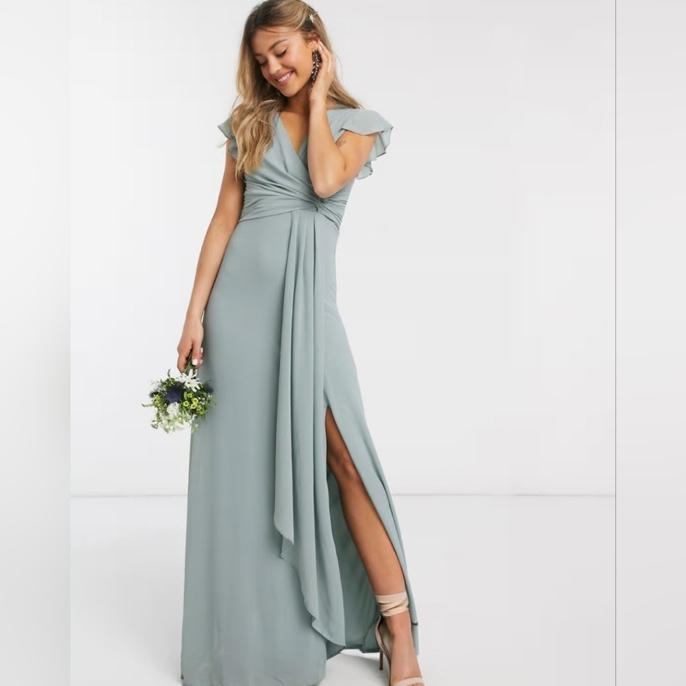 Elegant Dusty Sage Green Draped Chiffon Evening Gown With Flutter Sleeves & Slit